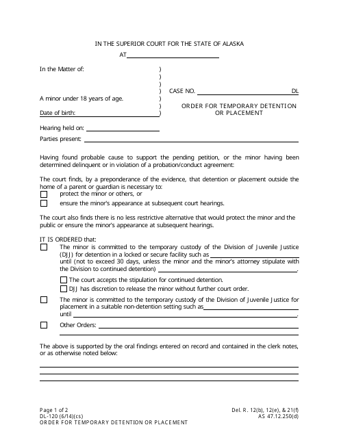Form DL-120 Order for Temporary Detention or Placement - Alaska
