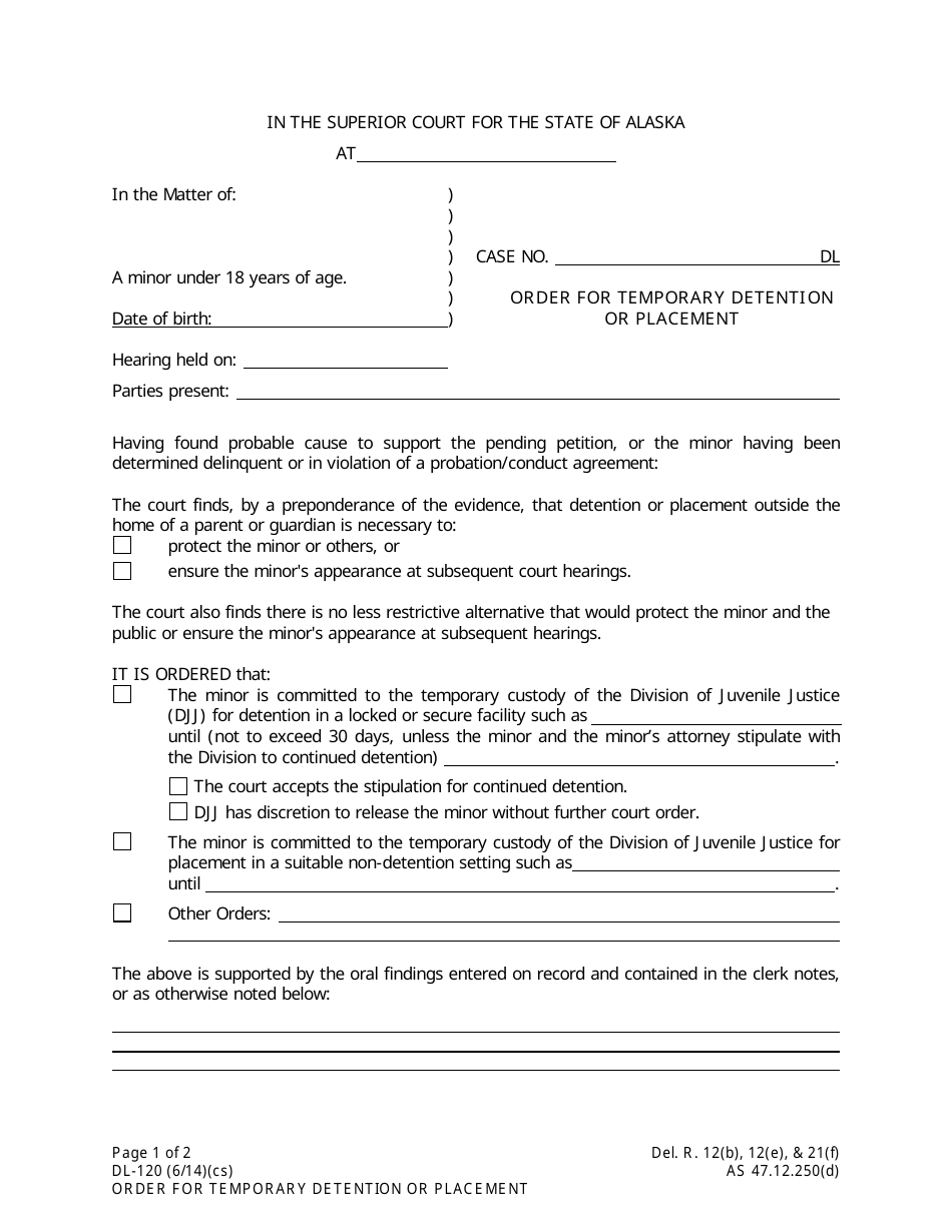 Form DL-120 Order for Temporary Detention or Placement - Alaska, Page 1