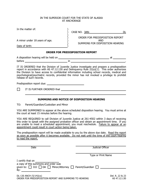 Form DL-130 ANCH Order for Predisposition Report and Summons for Disposition Hearing - Municipality of Anchorage, Alaska