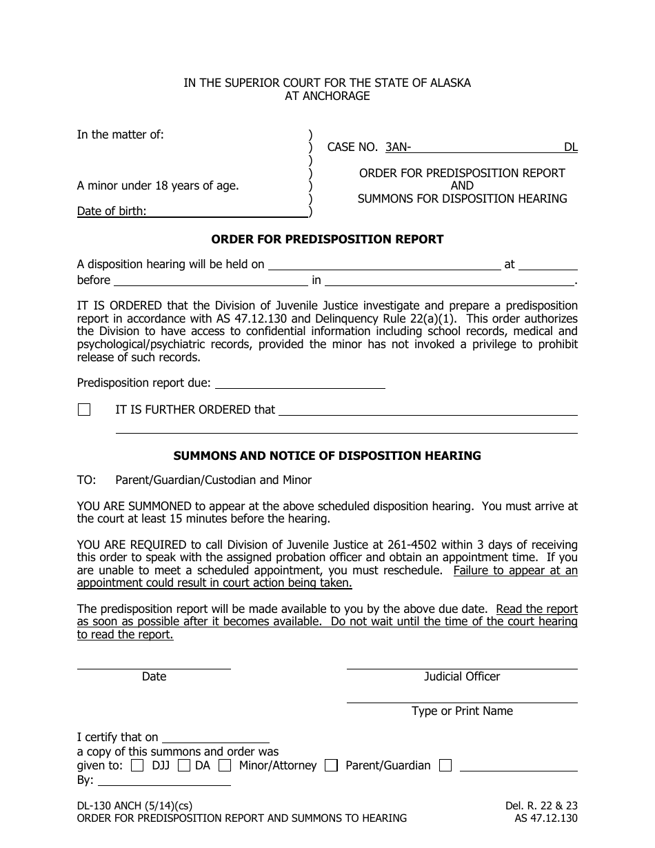 Form DL-130 ANCH Order for Predisposition Report and Summons for Disposition Hearing - Municipality of Anchorage, Alaska, Page 1