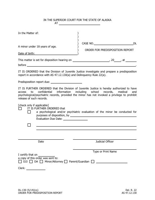 Form DL-130 Order for Predisposition Report - Alaska