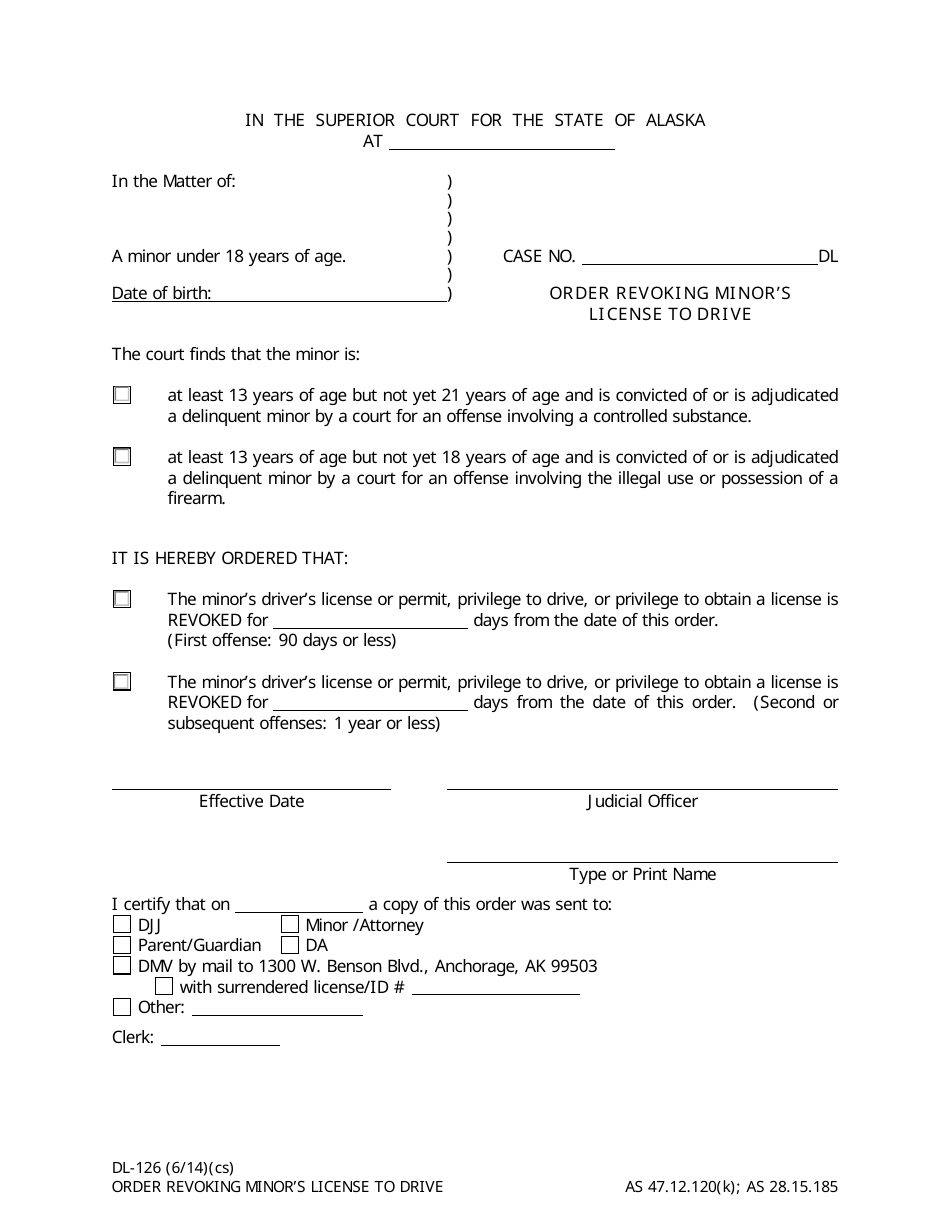 Form DL-126 Order Revoking Minors License to Drive - Alaska, Page 1