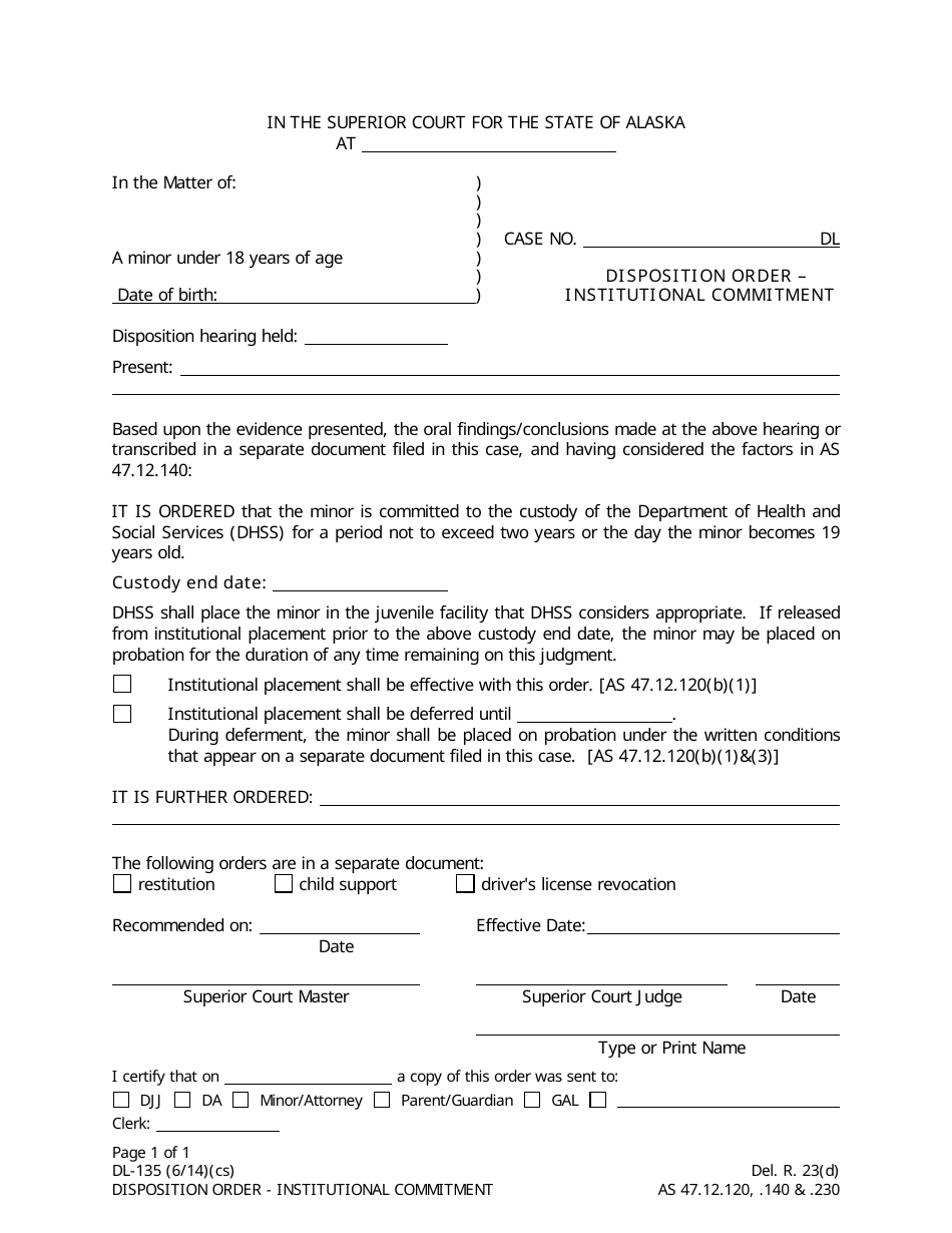 Form DL-135 Disposition Order - Institutional Commitment - Alaska, Page 1