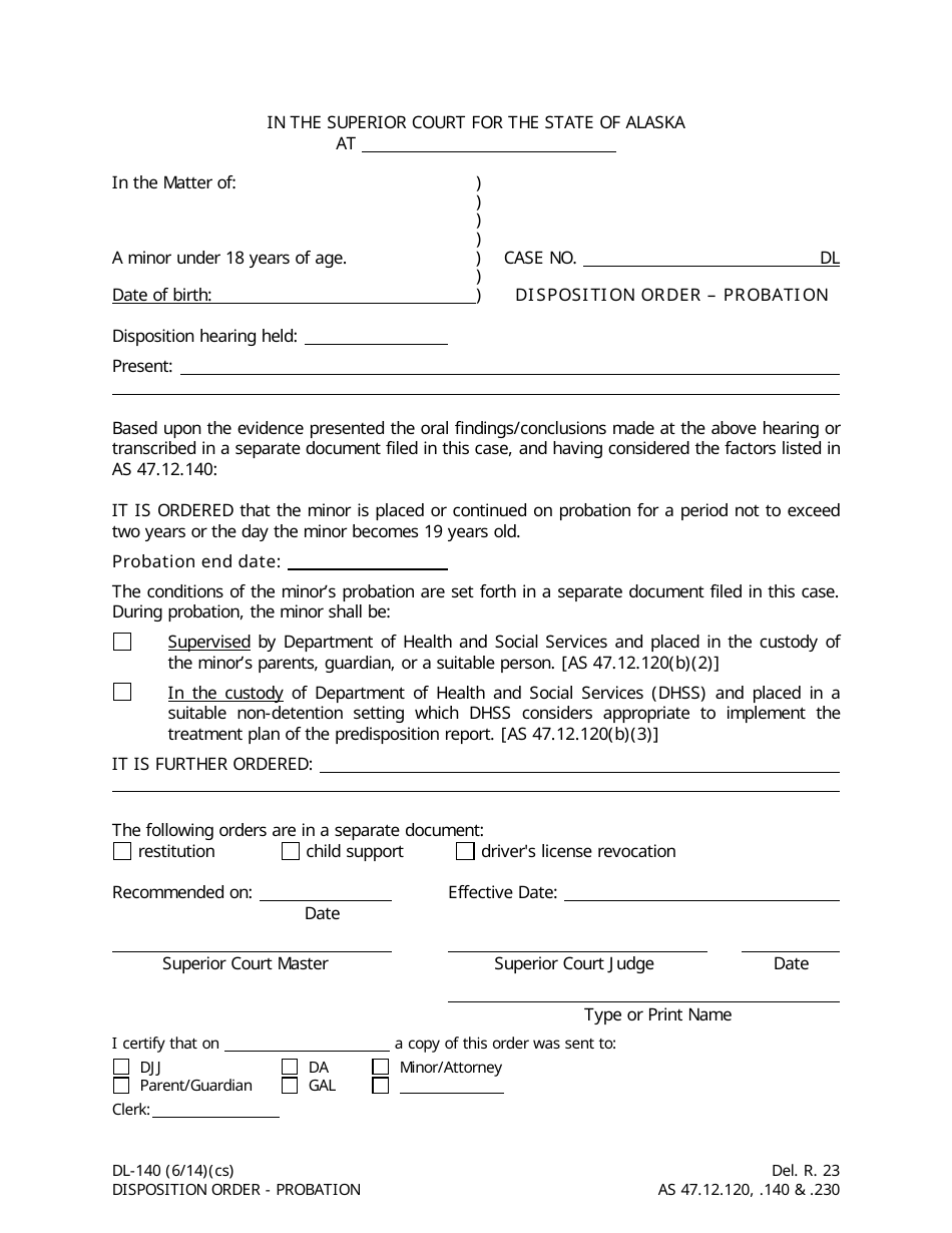 Form DL-140 Disposition Order- Probation - Alaska, Page 1