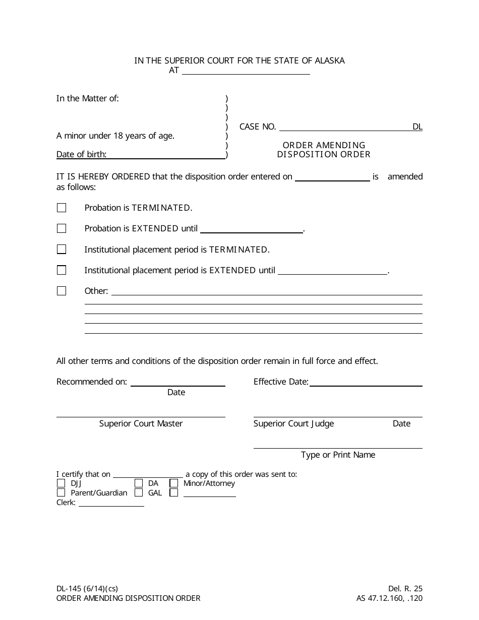 Form DL-145 Order Amending Disposition Order - Alaska, Page 1