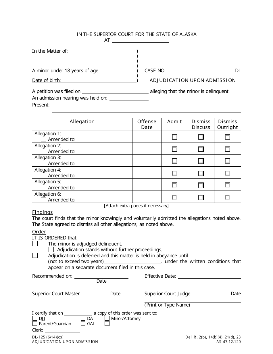 Form DL-125 Adjudication Upon Admission - Alaska, Page 1