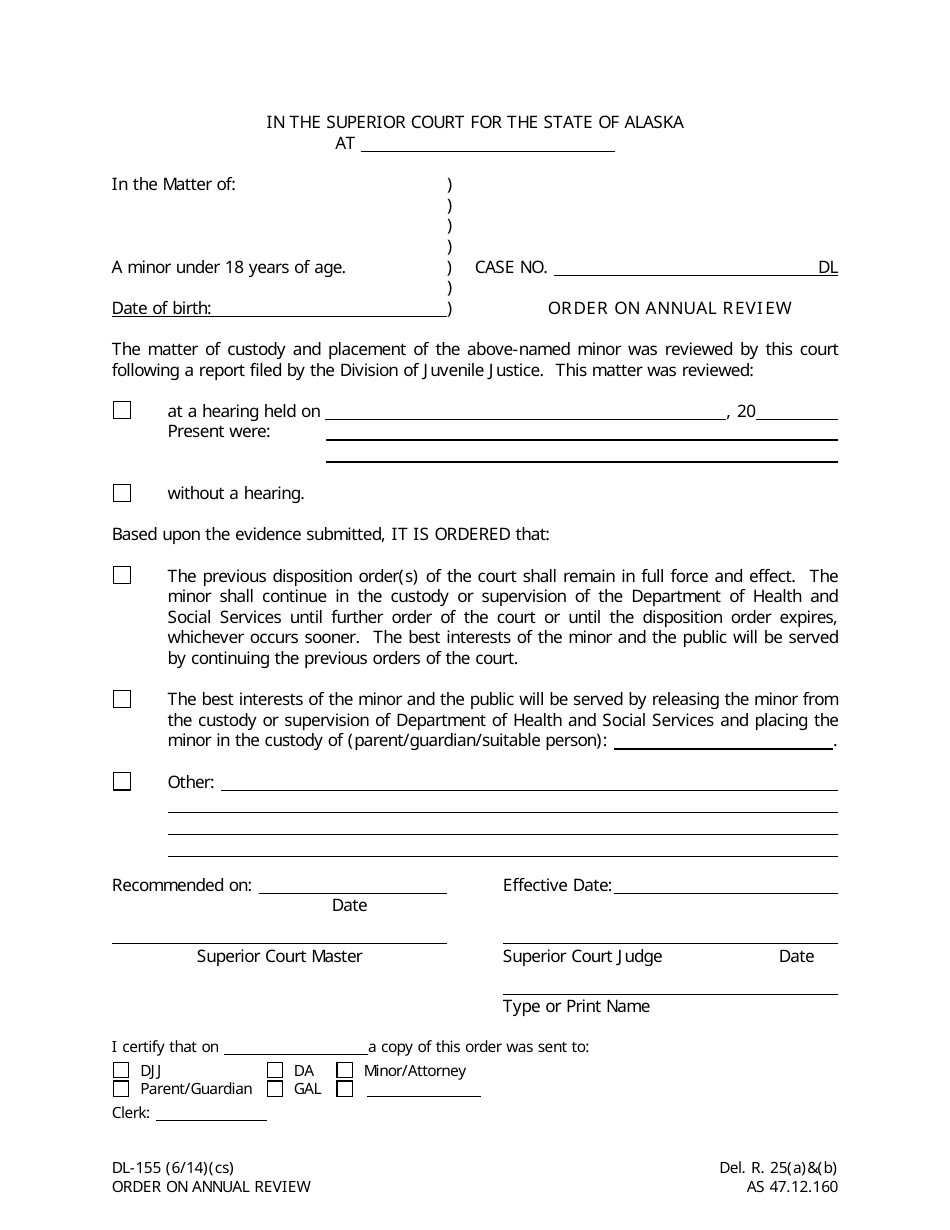 Form DL-155 Order on Annual Review - Alaska, Page 1