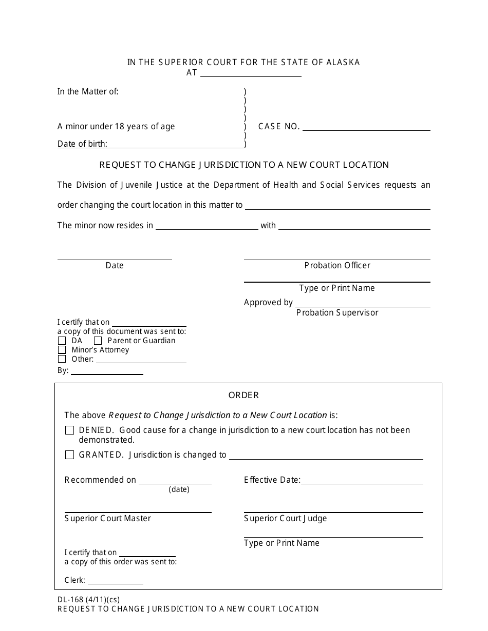 Form DL-168 Request to Change Jurisdiction to a New Court Location - Alaska, Page 1