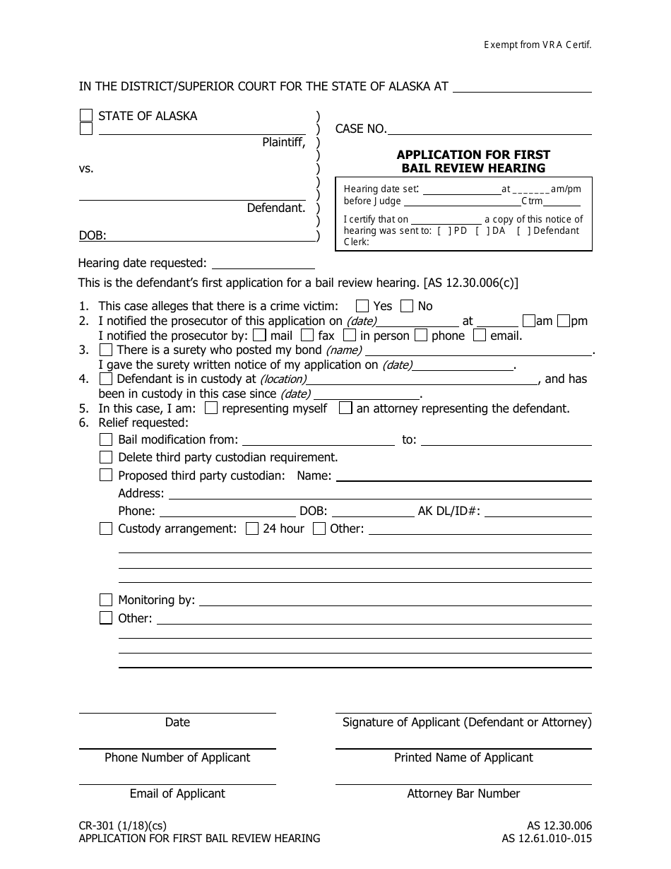 Form CR301 Fill Out, Sign Online and Download Fillable PDF, Alaska