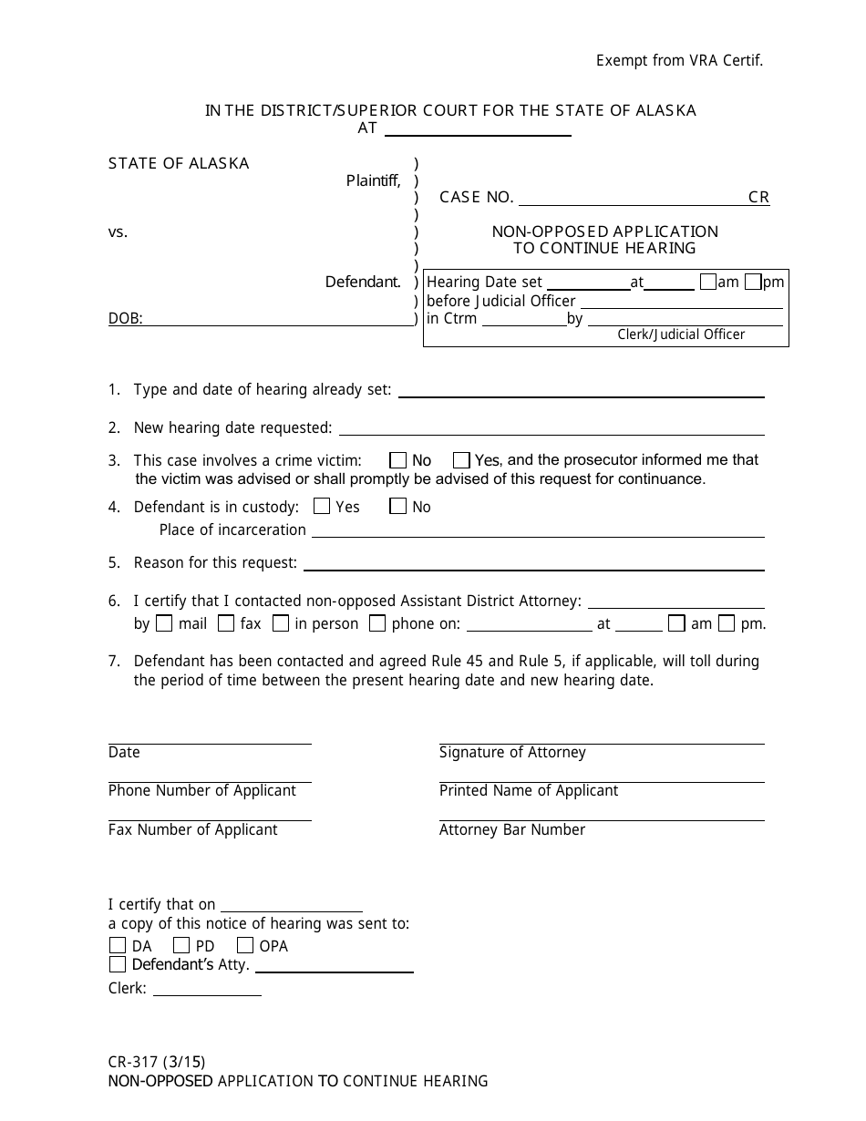 Form CR-317 Non-opposed Application to Continue Hearing - Alaska, Page 1