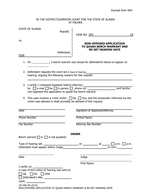 Form CR-356 PA Non-opposed Application to Quash Bench Warrant and Re-set Hearing Date - City of Palmer, Alaska