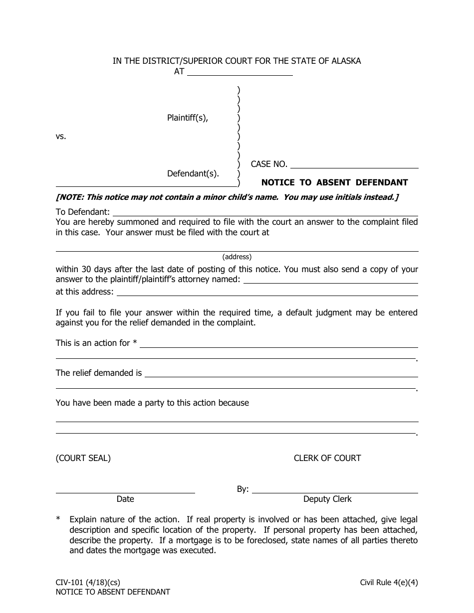 Form CIV-101 Notice to Absent Defendant - Alaska, Page 1