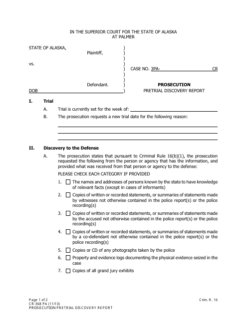 Form CR-368 Prosecution Pretrial Discovery Report - City of Palmer, Alaska