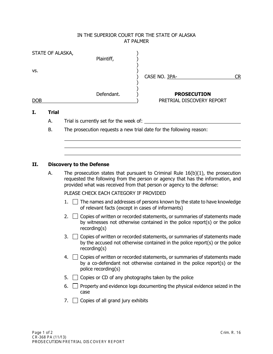 Form CR-368 Prosecution Pretrial Discovery Report - City of Palmer, Alaska, Page 1