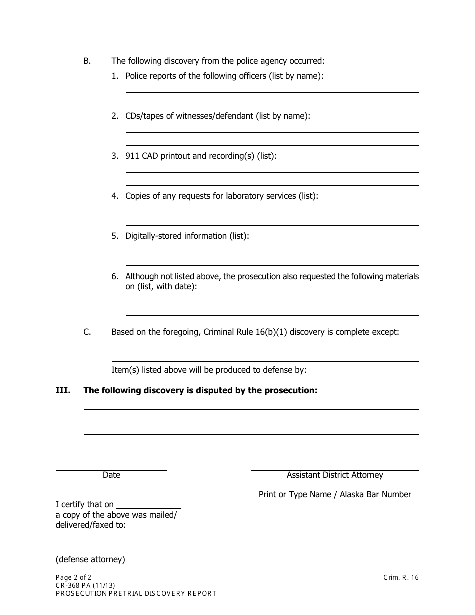 Form CR-368 Prosecution Pretrial Discovery Report - City of Palmer, Alaska, Page 2