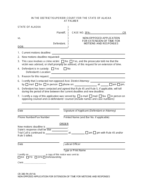 Form CR-380 PA Non-opposed Application for Extension of Time for Motions and Responses - City of Palmer, Alaska