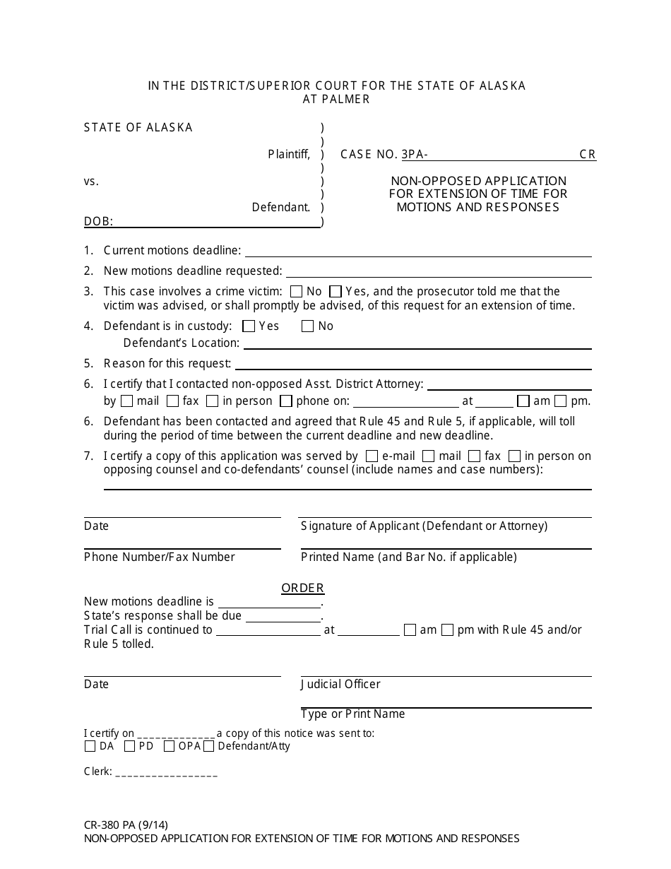 Form CR-380 PA Non-opposed Application for Extension of Time for Motions and Responses - City of Palmer, Alaska, Page 1