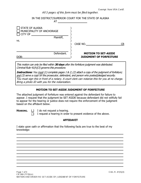 Form CR-366 Motion to Set-Aside Judgment of Forfeiture - Alaska