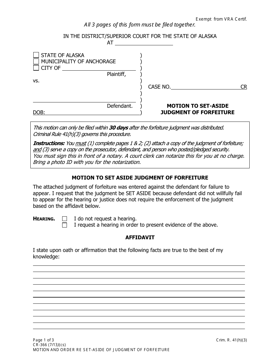 Form CR-366 Motion to Set-Aside Judgment of Forfeiture - Alaska, Page 1