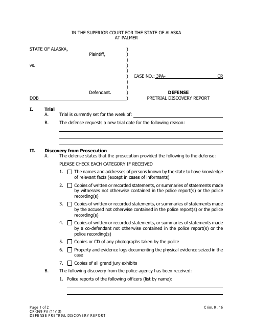 Form CR-369 PA Defense Pretrial Discovery Report - City of Palmer, Alaska