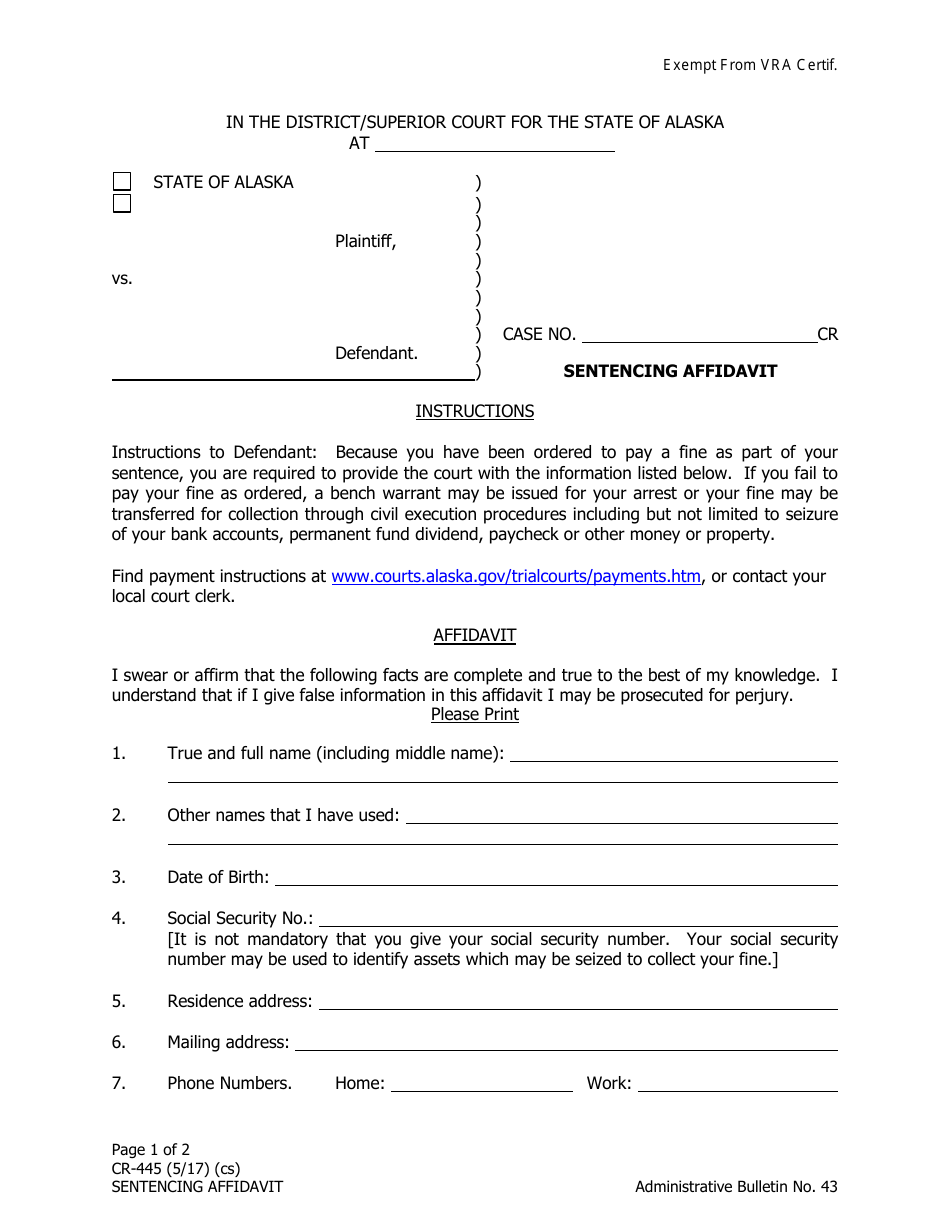 Form CR-445 Sentencing Affidavit - Alaska, Page 1