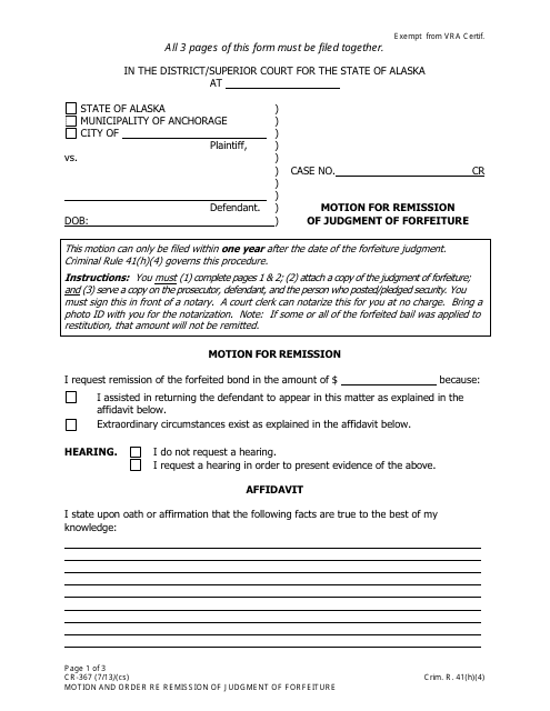 Form CR-367 Motion for Remission of Judgment of Forfeiture - Alaska