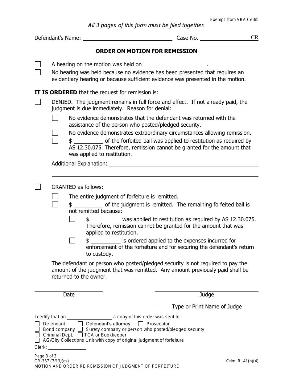 Form CR-367 Motion for Remission of Judgment of Forfeiture - Alaska, Page 3