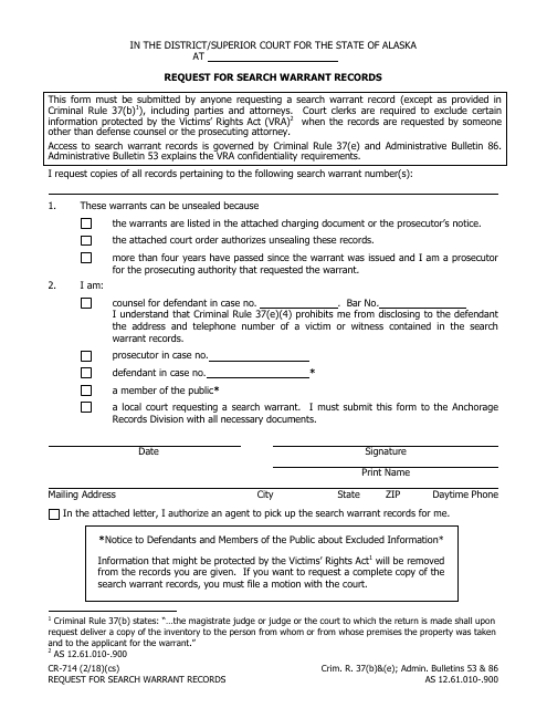Form CR-714 Request for Search Warrant Records - Alaska