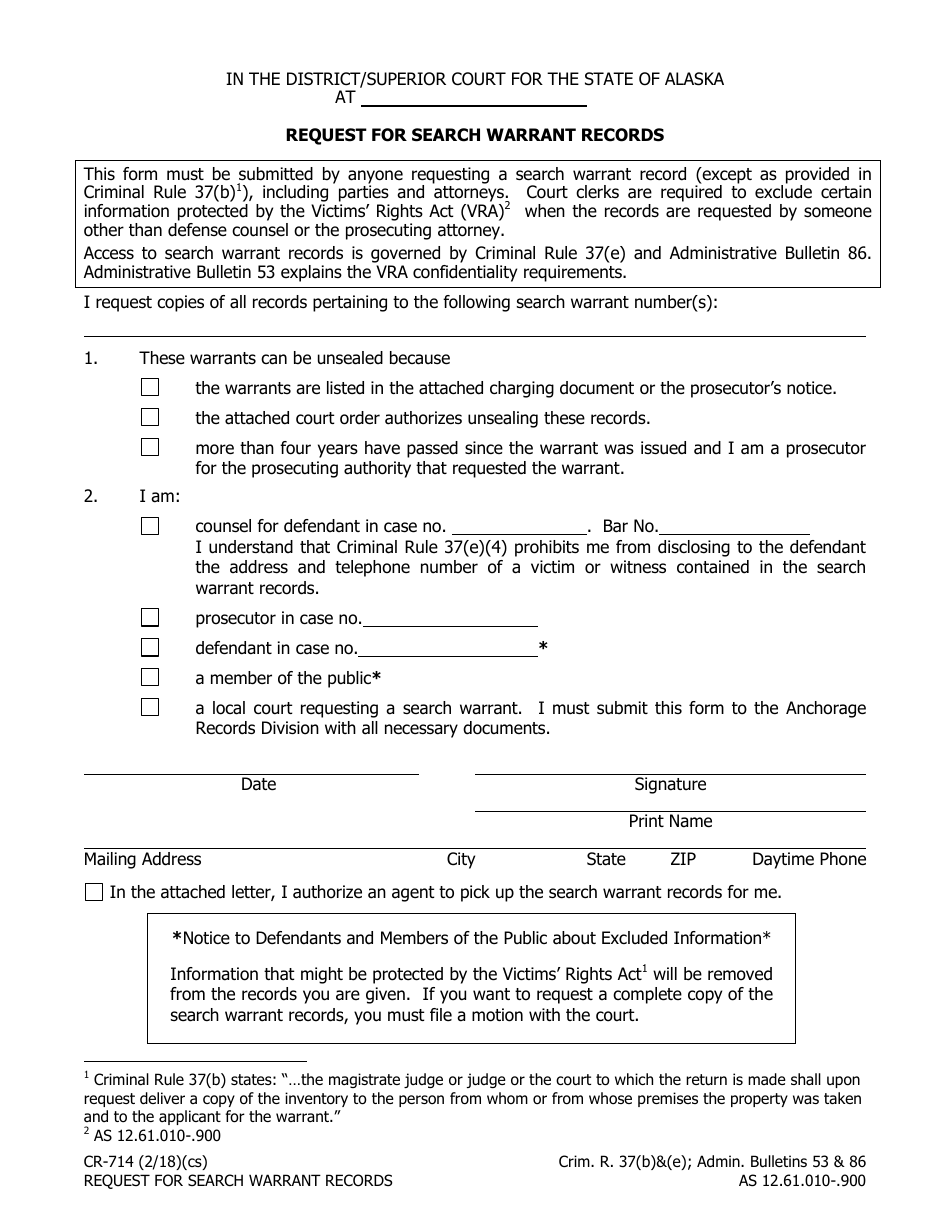 Form CR-714 Request for Search Warrant Records - Alaska, Page 1