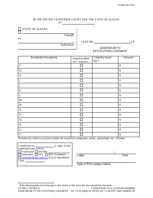 Form CR-465.1 Addendum to Restitution Judgment - Alaska