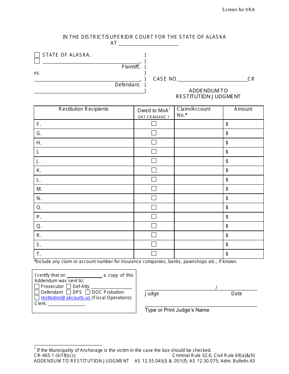 Form CR-465.1 Addendum to Restitution Judgment - Alaska, Page 1