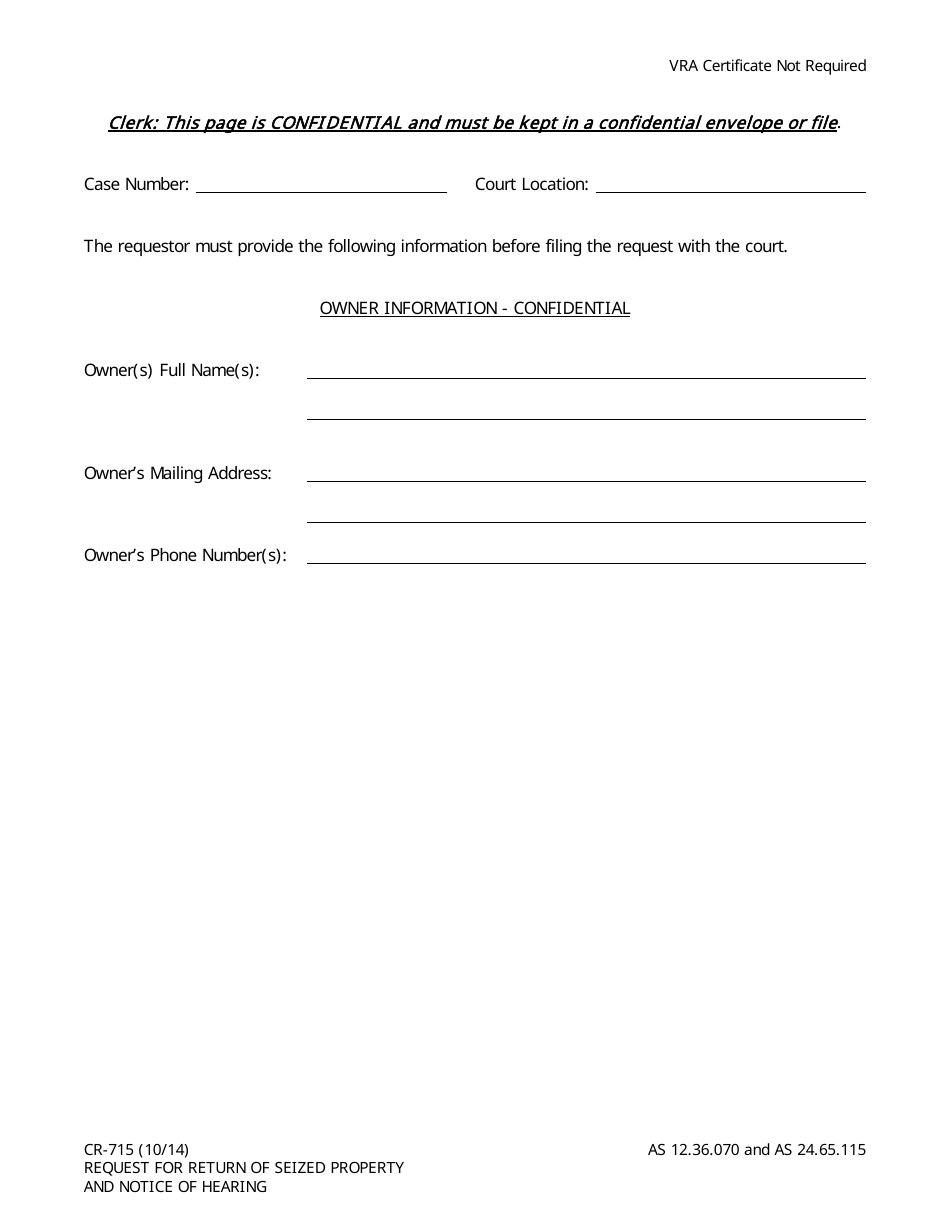 Form CR-715 Request for Hearing for Return of Property - Alaska, Page 2