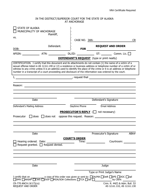 Form CR-770 ANCH Request and Order - Municipality of Anchorage, Alaska