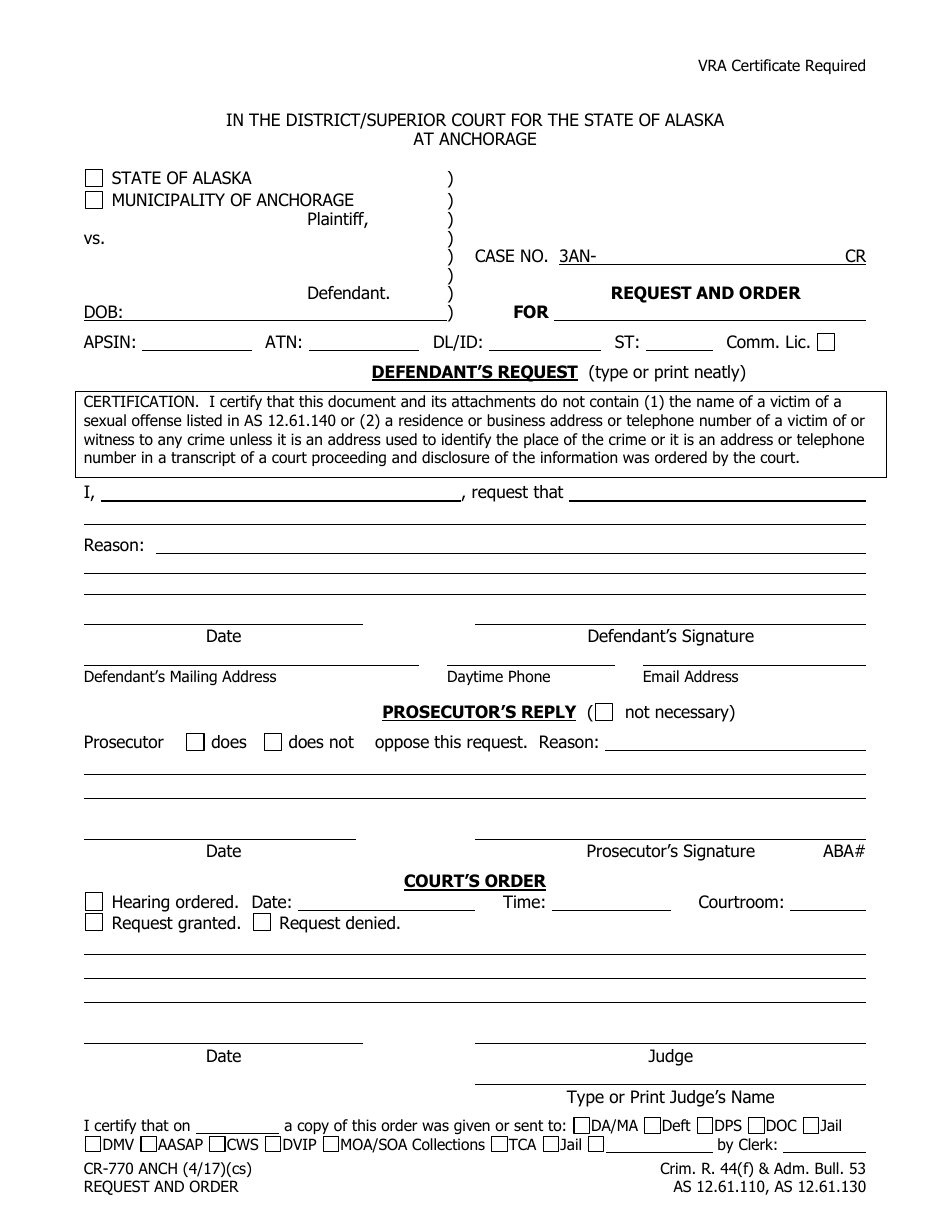 Form CR-770 ANCH Request and Order - Municipality of Anchorage, Alaska, Page 1