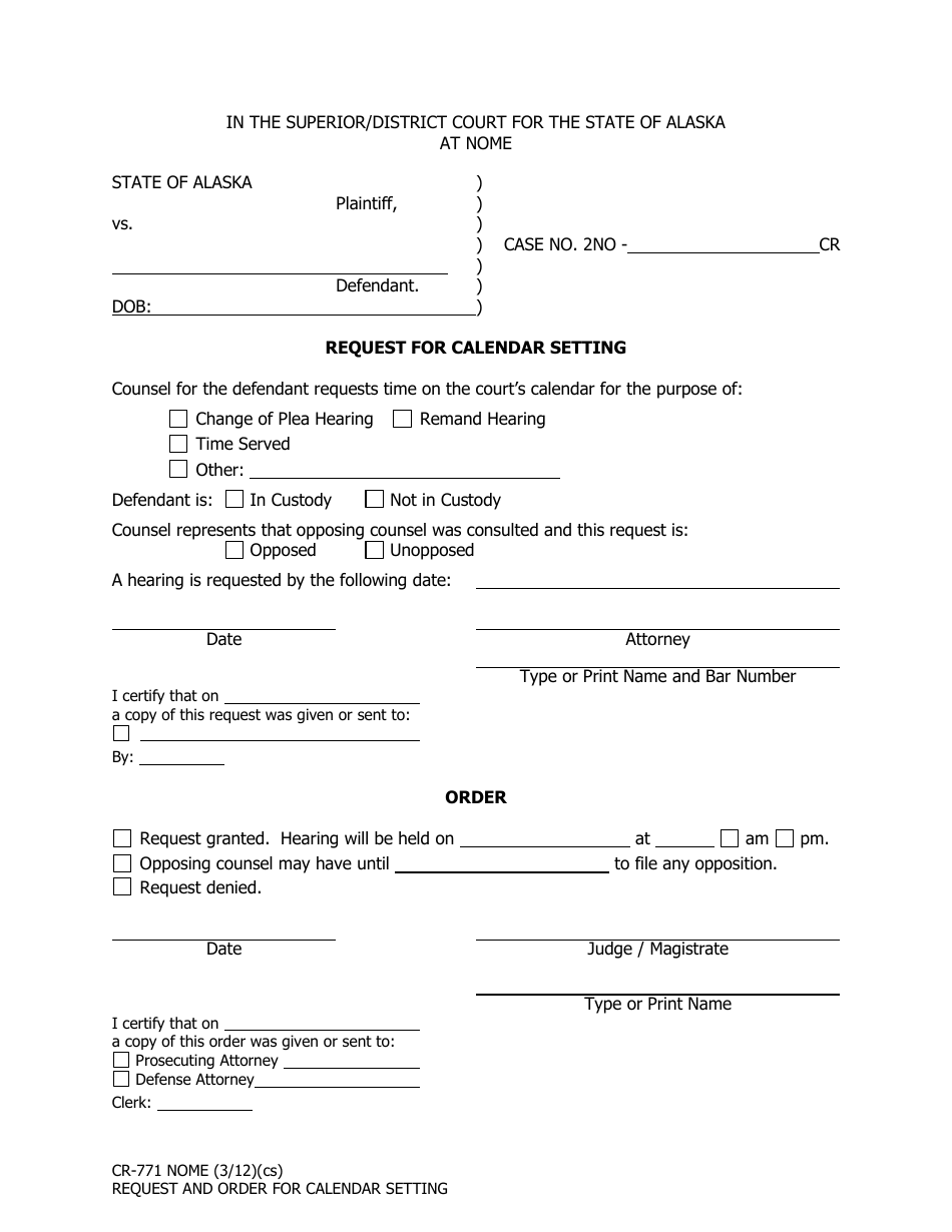Form CR-771 NOME Request for Calendar Setting - City of Nome, Alaska, Page 1