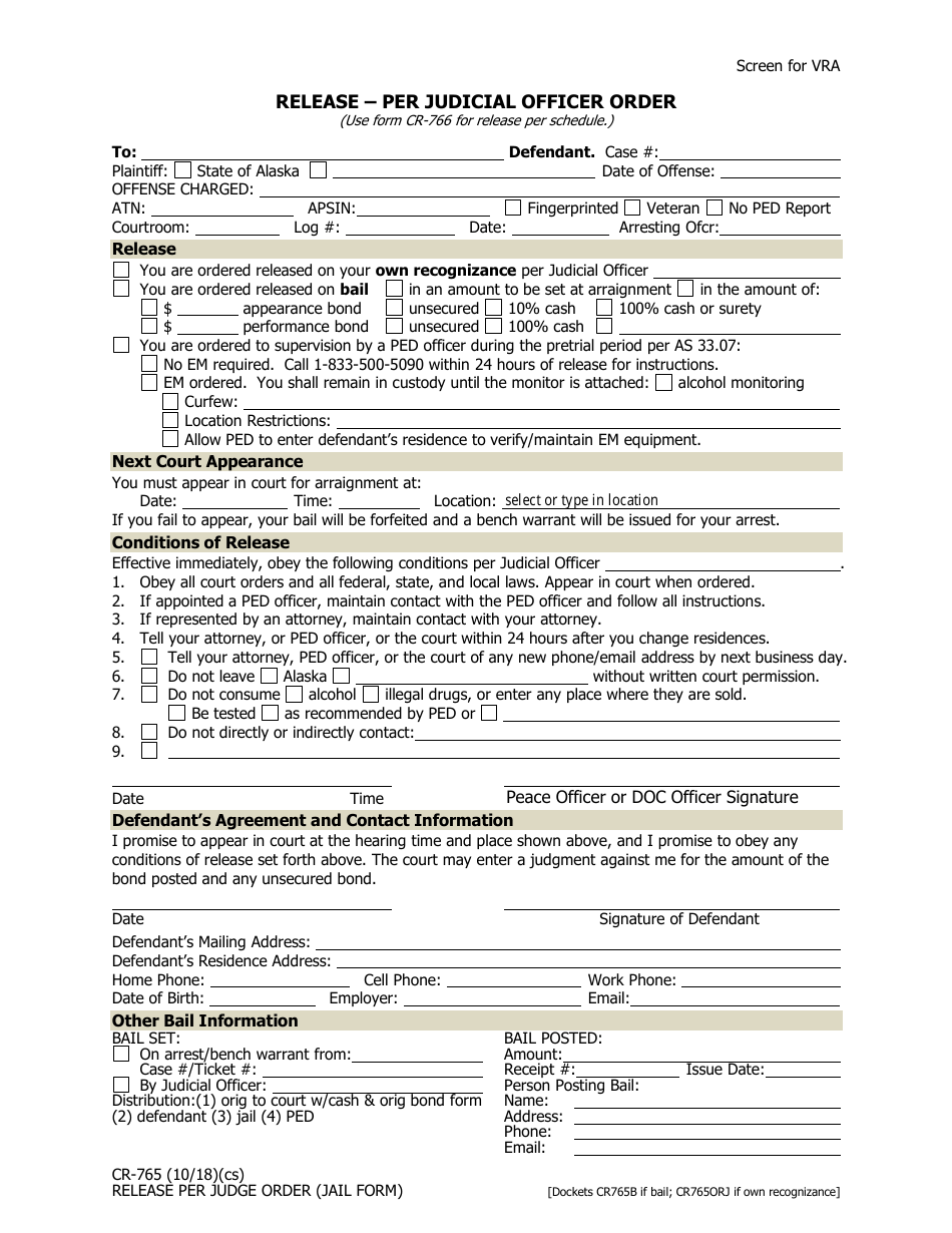 Form CR-765 Release Per Judge Order (Jail Form) - Alaska, Page 1