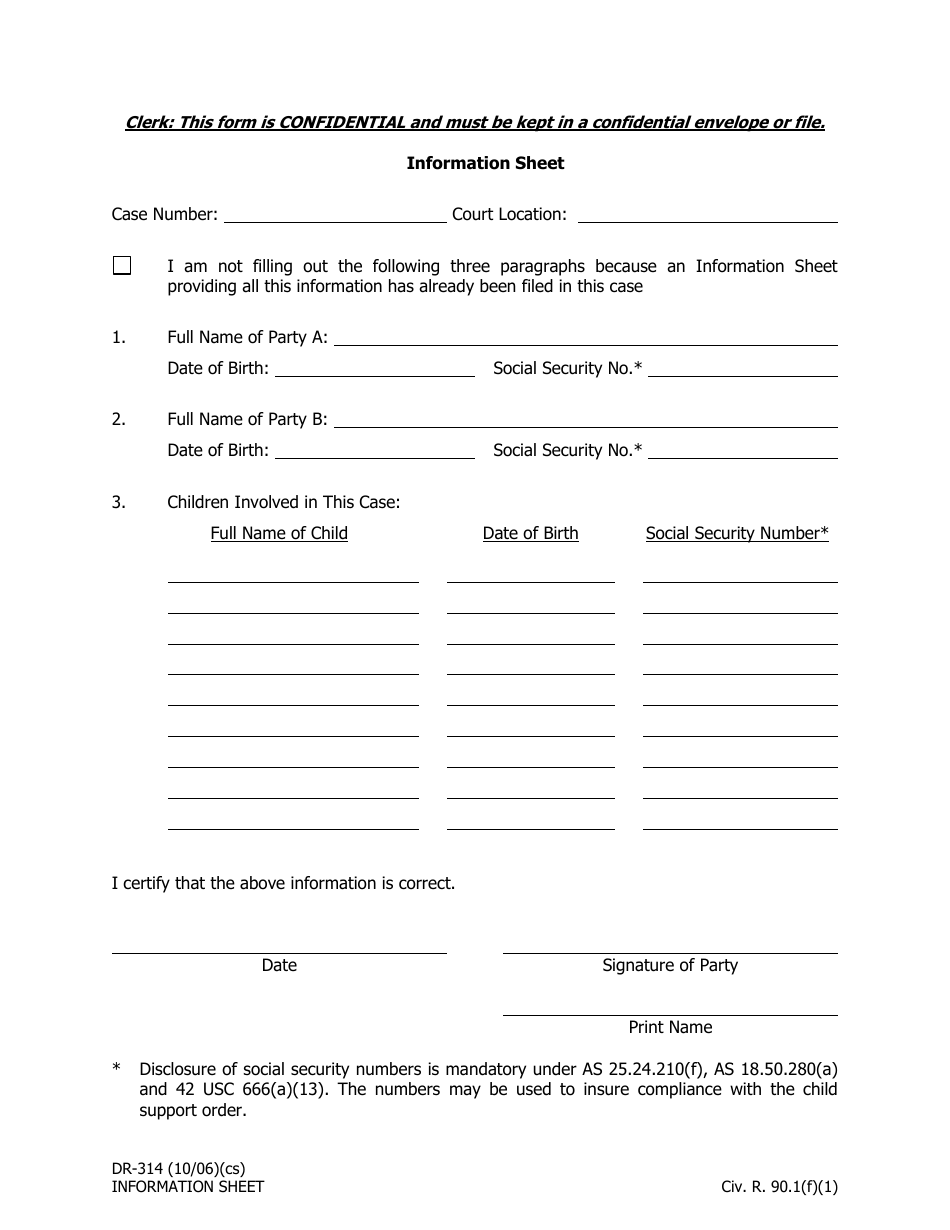 Form DR-.314 Information Sheet - Alaska, Page 1