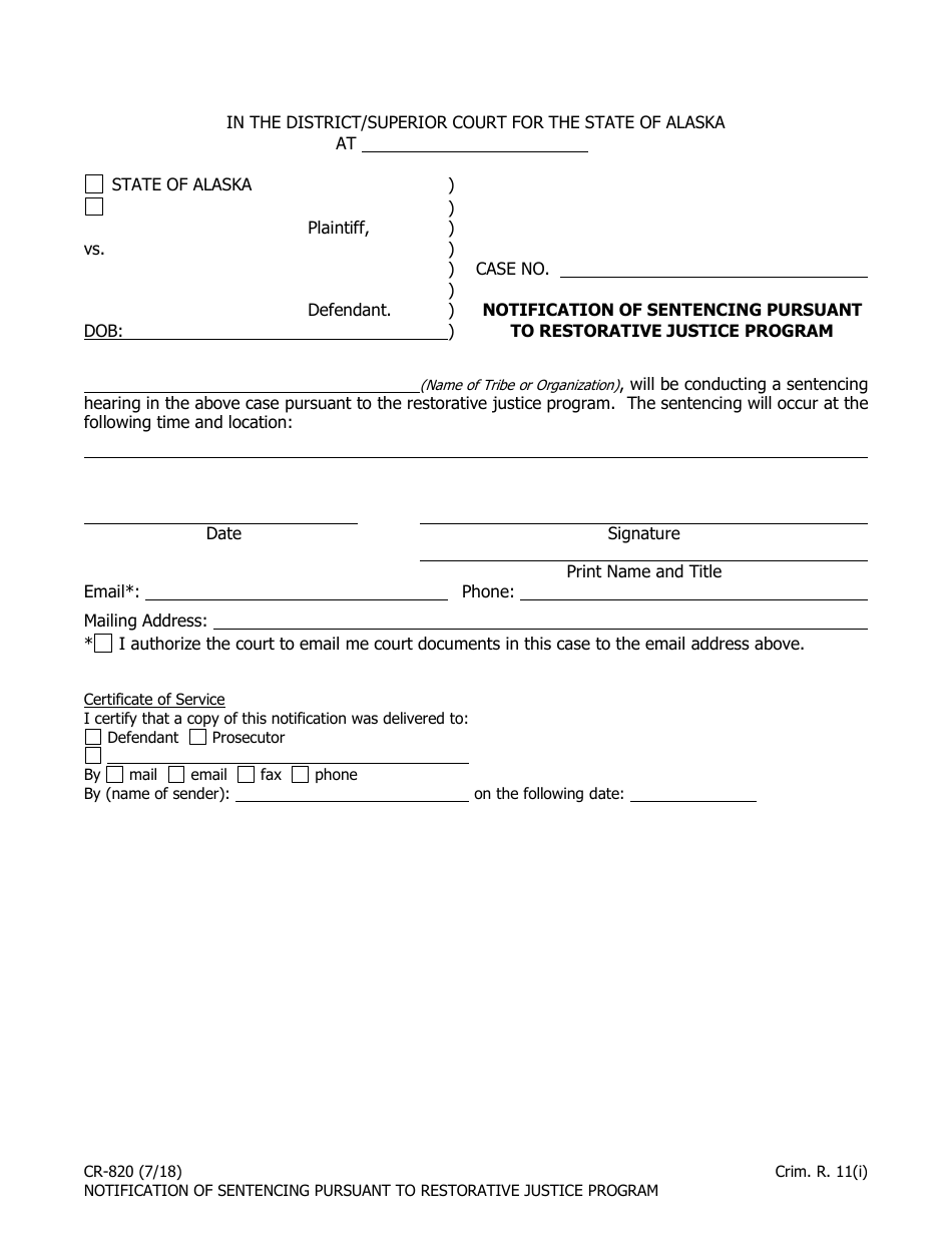 Form CR-820 Notification of Sentencing Pursuant to Restorative Justice Program - Alaska, Page 1