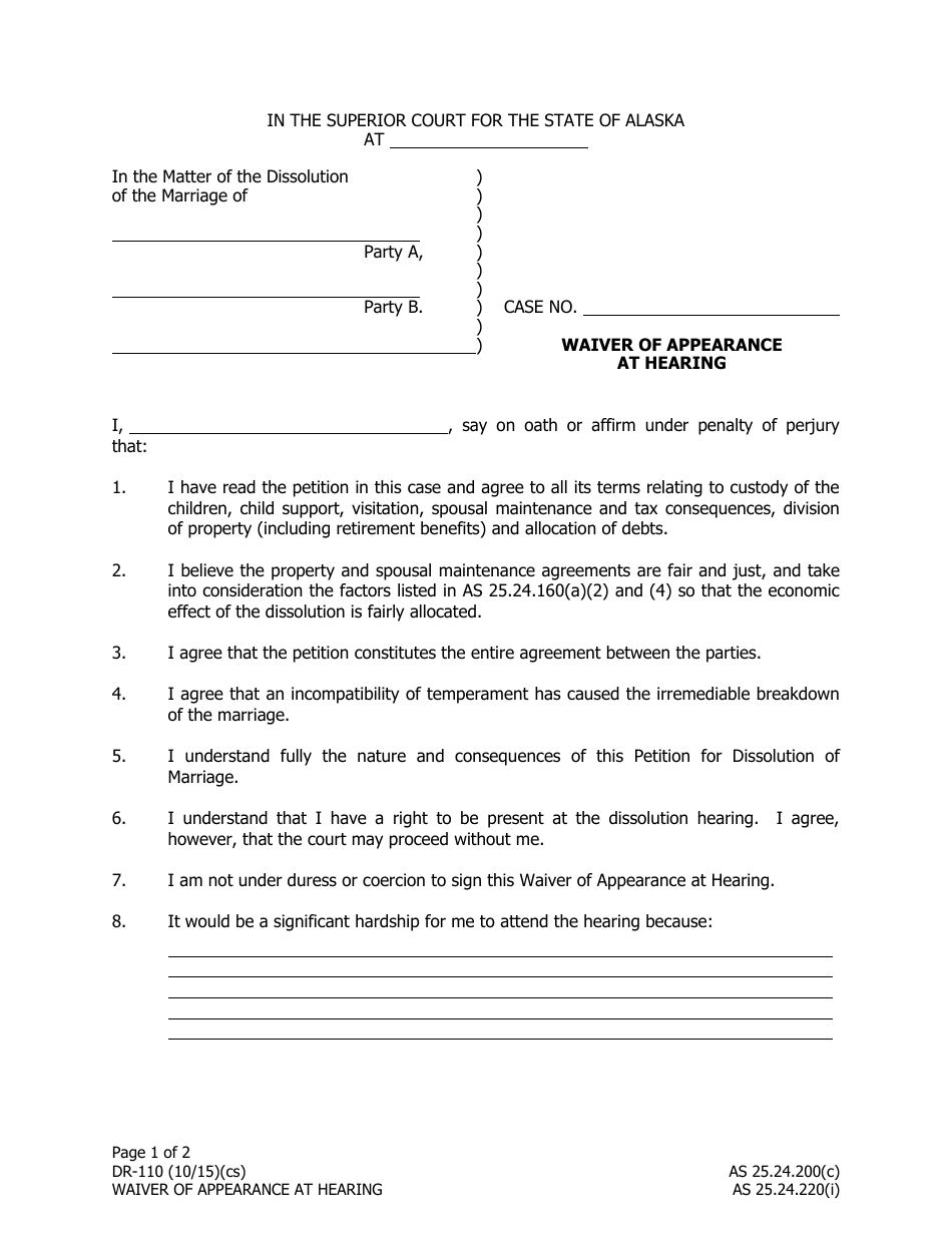 Form DR-110 Waiver of Appearance at Hearing - Alaska, Page 1