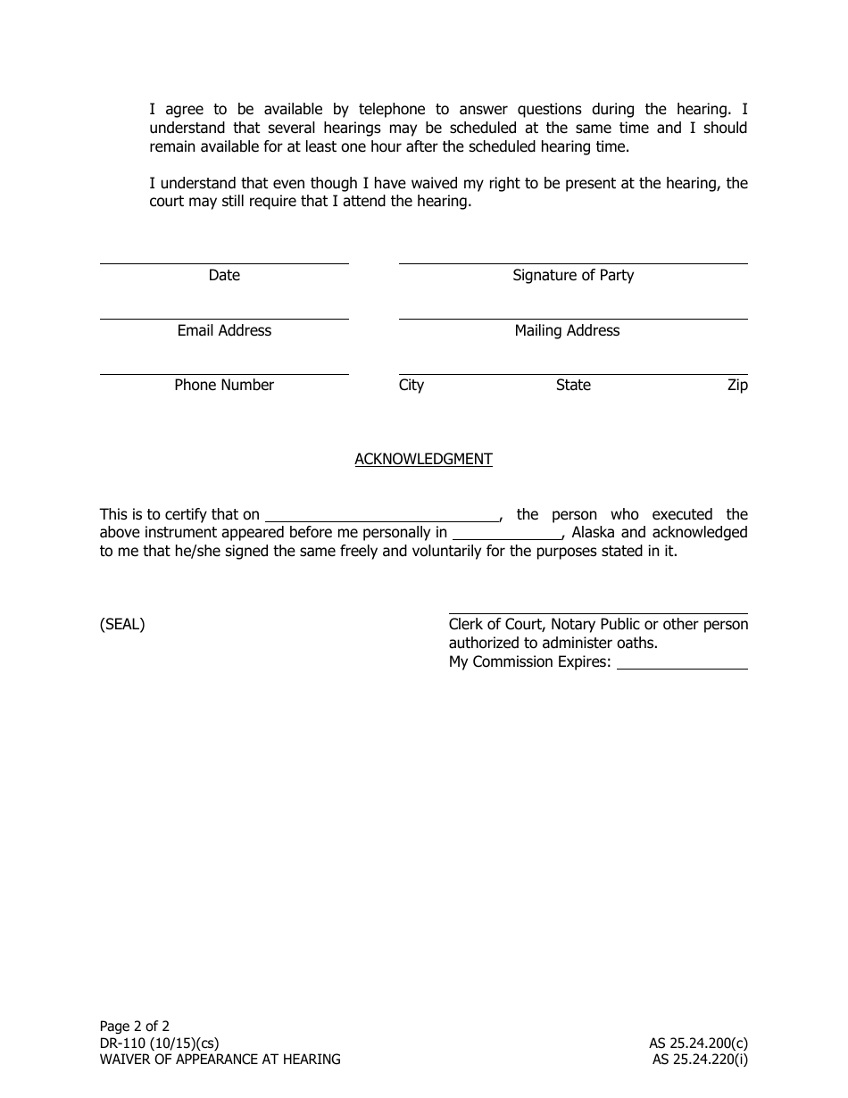 Form DR-110 Waiver of Appearance at Hearing - Alaska, Page 2