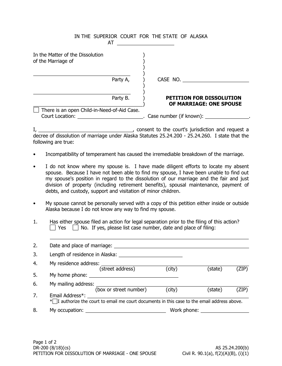 Form DR-200 Petition for Dissolution of Marriage - One Spouse - Alaska, Page 1