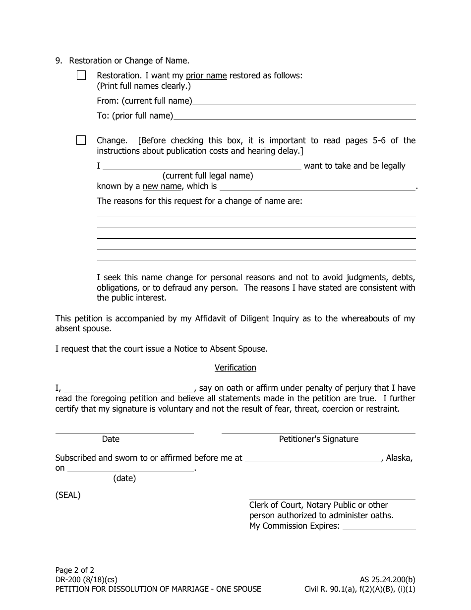 Form DR-200 Petition for Dissolution of Marriage - One Spouse - Alaska, Page 2