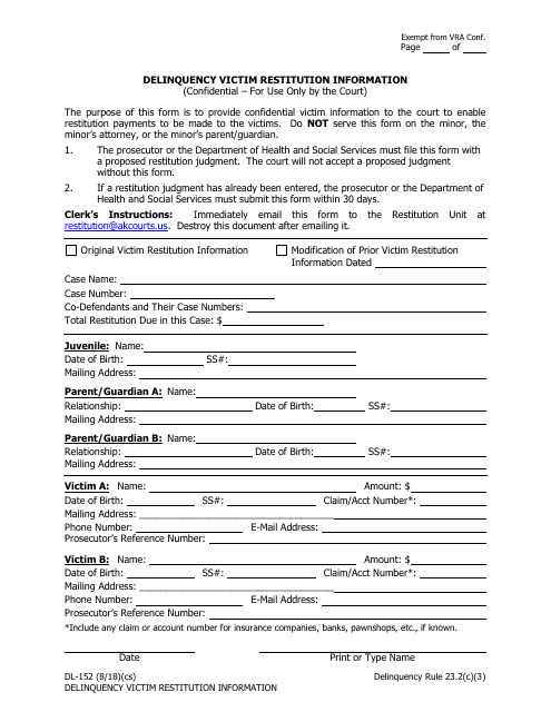 Form DL-152 Delinquency Victim Restitution Information - Alaska