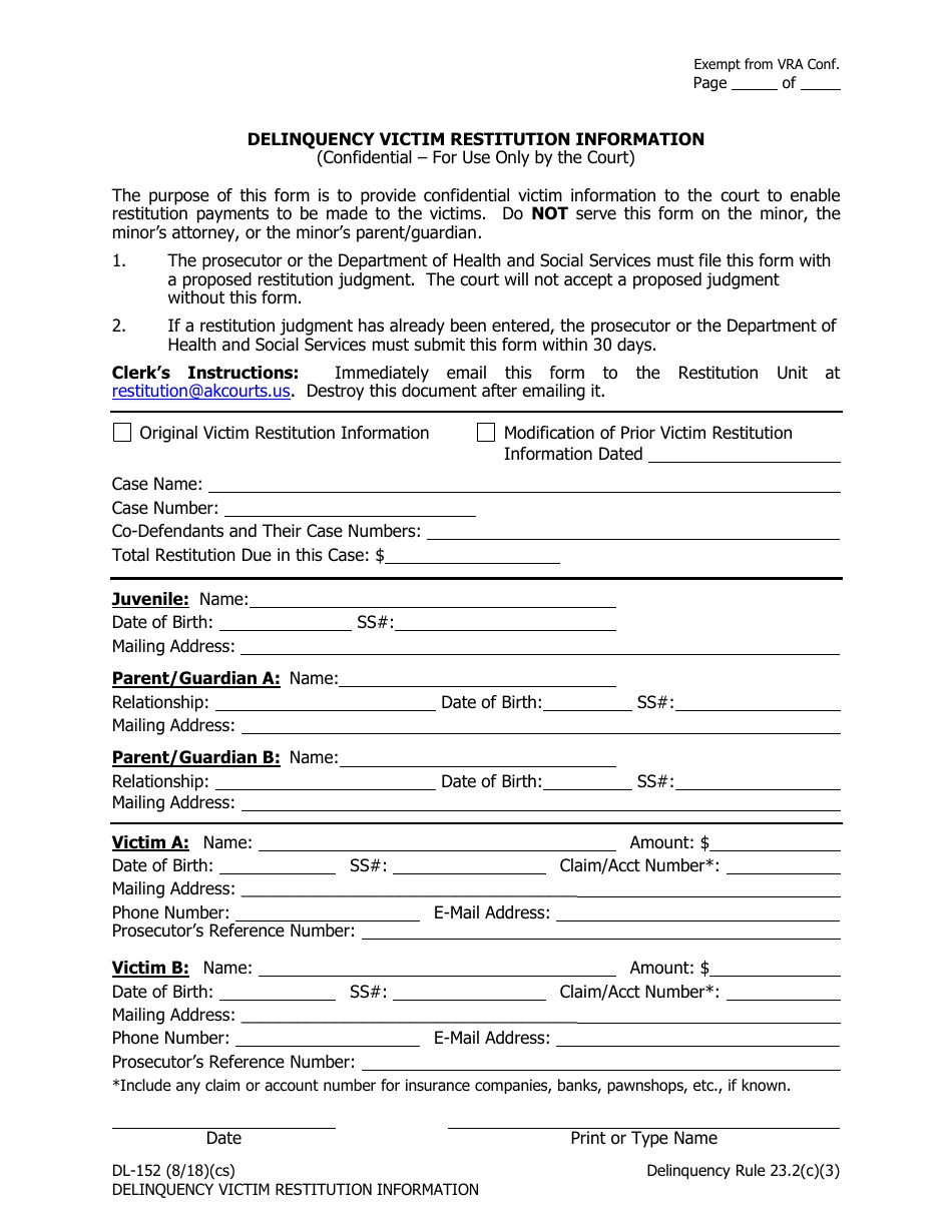Form DL-152 Delinquency Victim Restitution Information - Alaska, Page 1