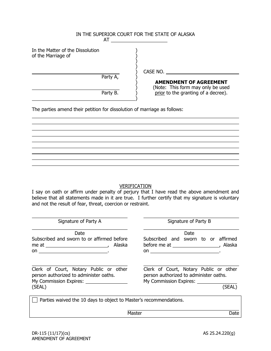 Form DR-115 Amendment of Agreement - Alaska, Page 1