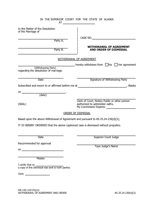 Form DR-120 Withdrawal of Agreement and Order of Dismissal - Alaska