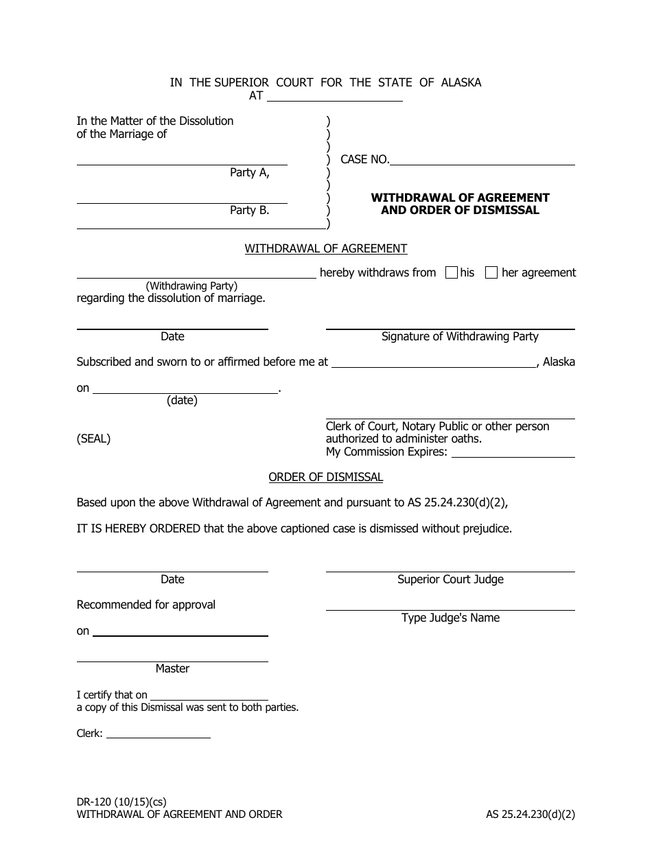Form DR-120 Withdrawal of Agreement and Order of Dismissal - Alaska, Page 1