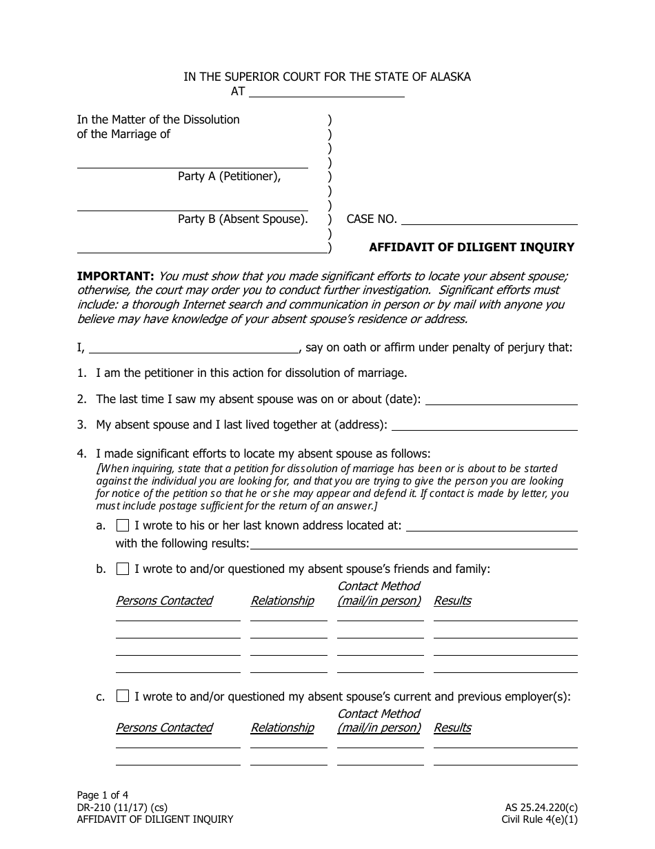 Form DR-210 Affidavit of Diligent Inquiry - Alaska, Page 1