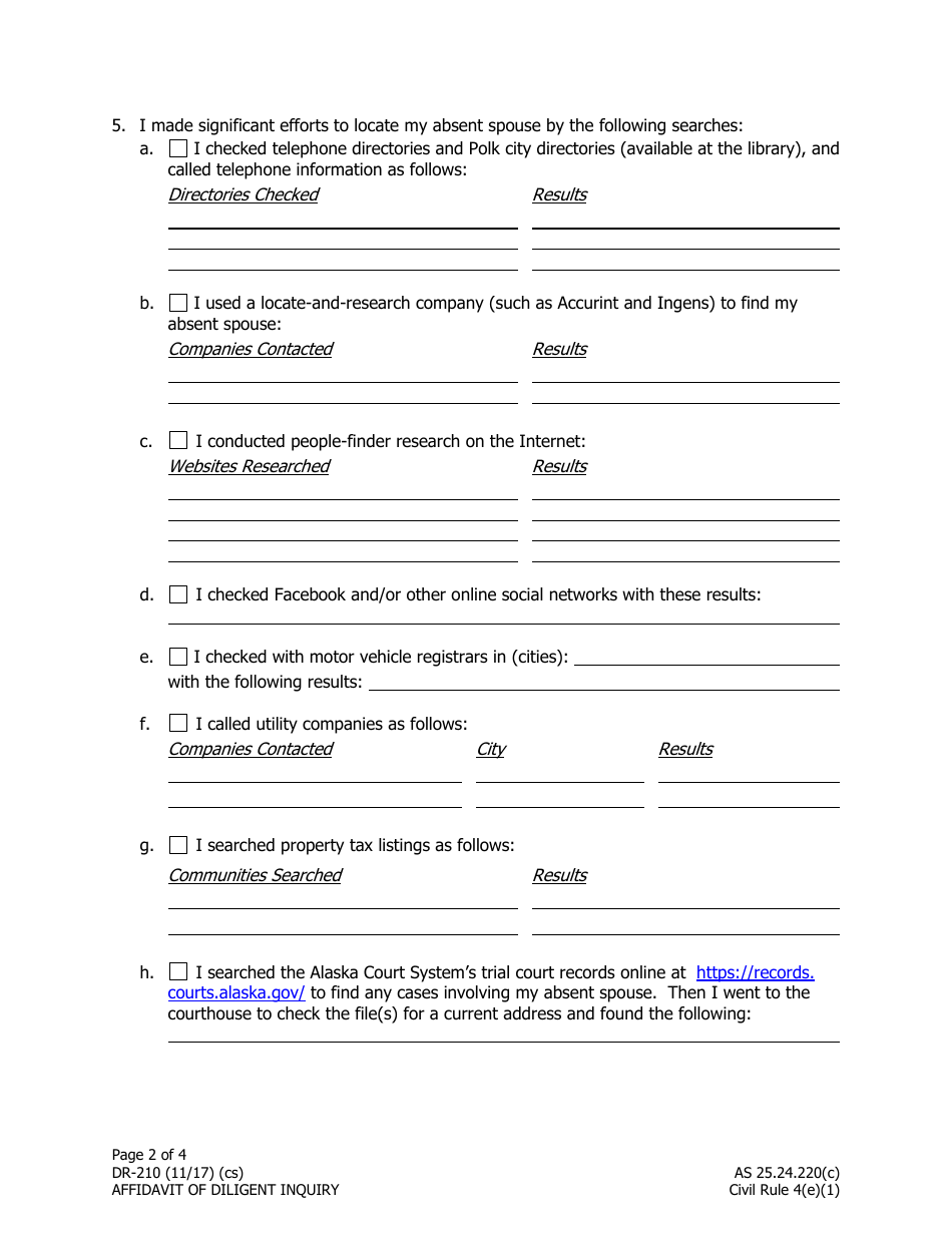 Form DR-210 Affidavit of Diligent Inquiry - Alaska, Page 2