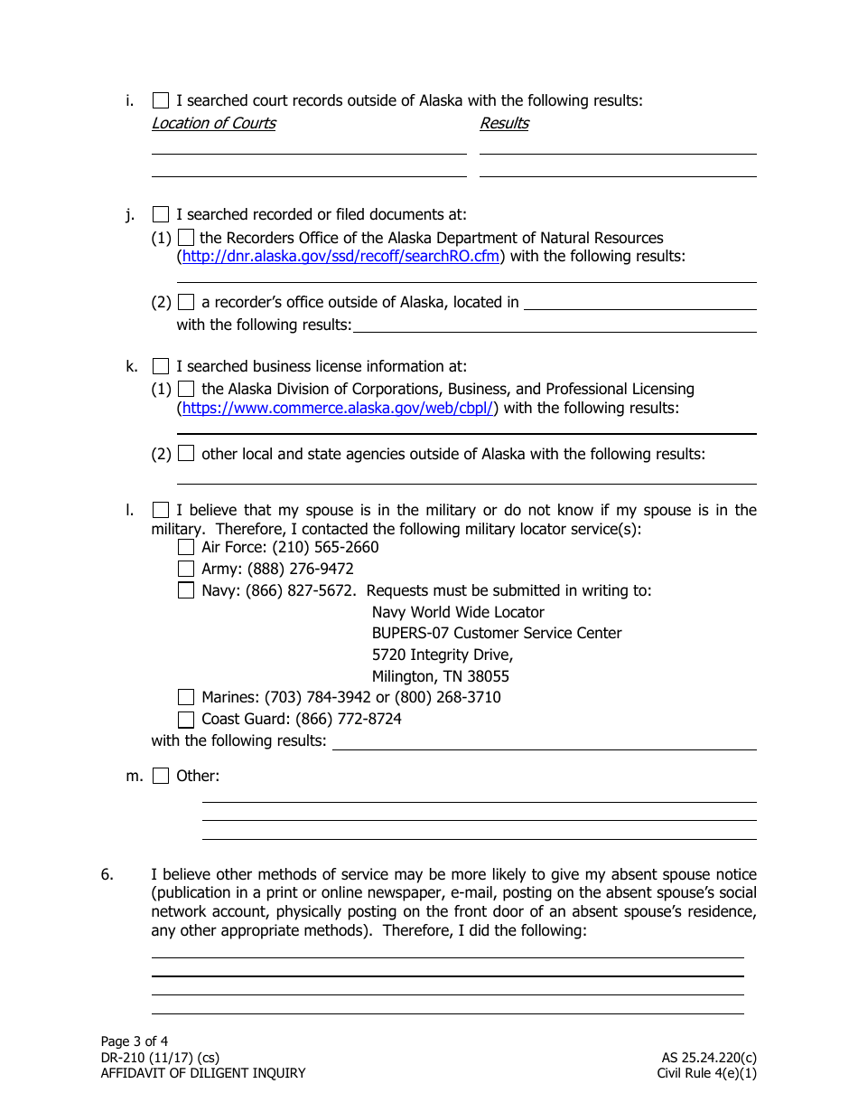 Form DR-210 Affidavit of Diligent Inquiry - Alaska, Page 3